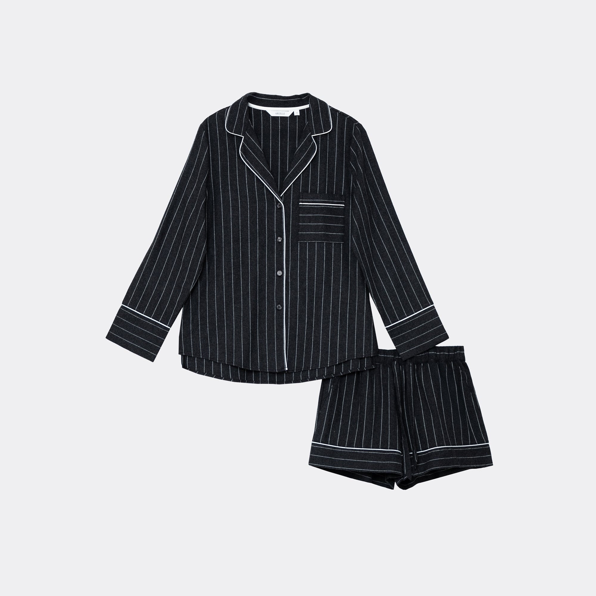 gray pinstripe pajama set on a light gray background