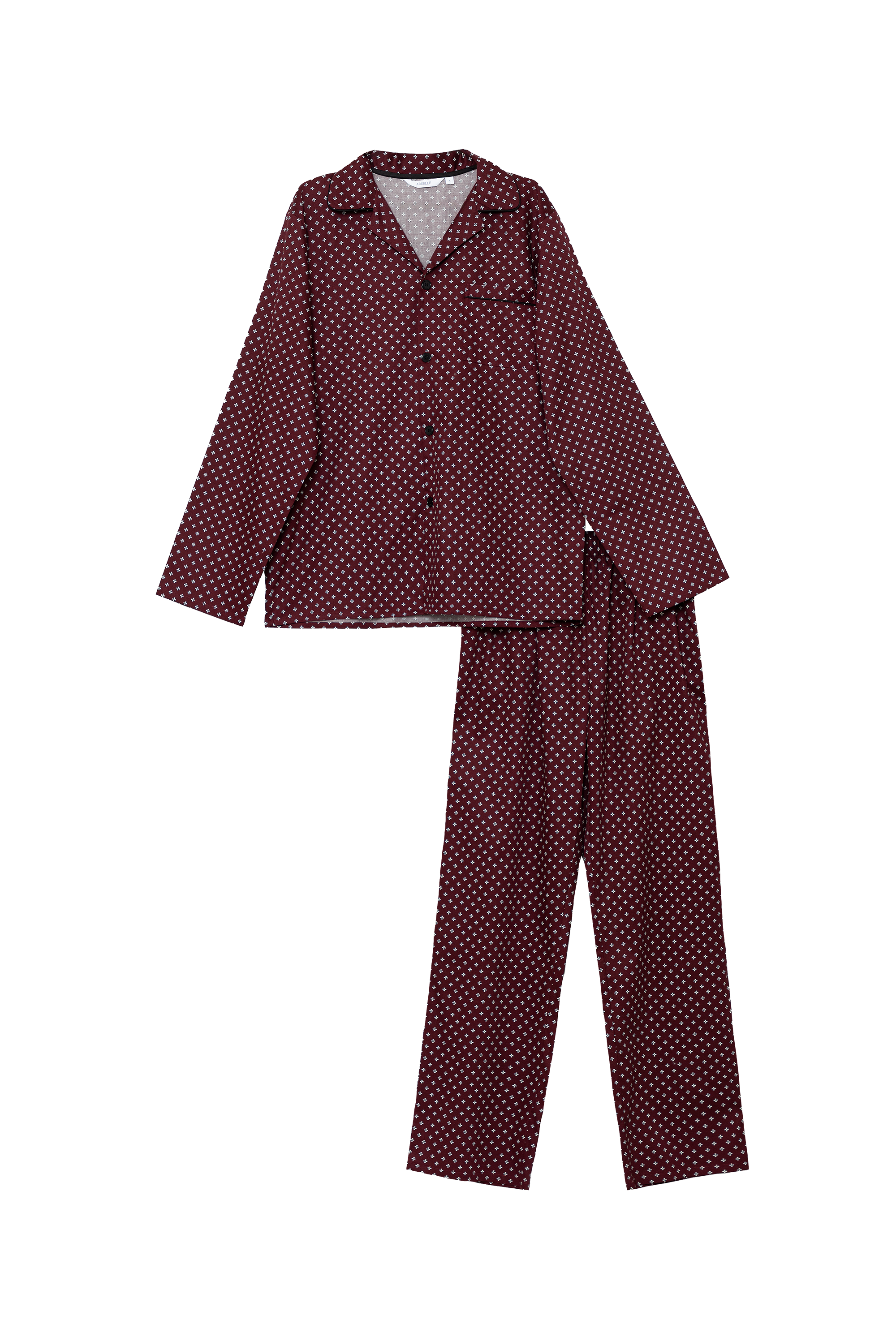 burgundy luxury pajama set featuring shirt-style top and straight-leg pants with subtle geometry pattern.