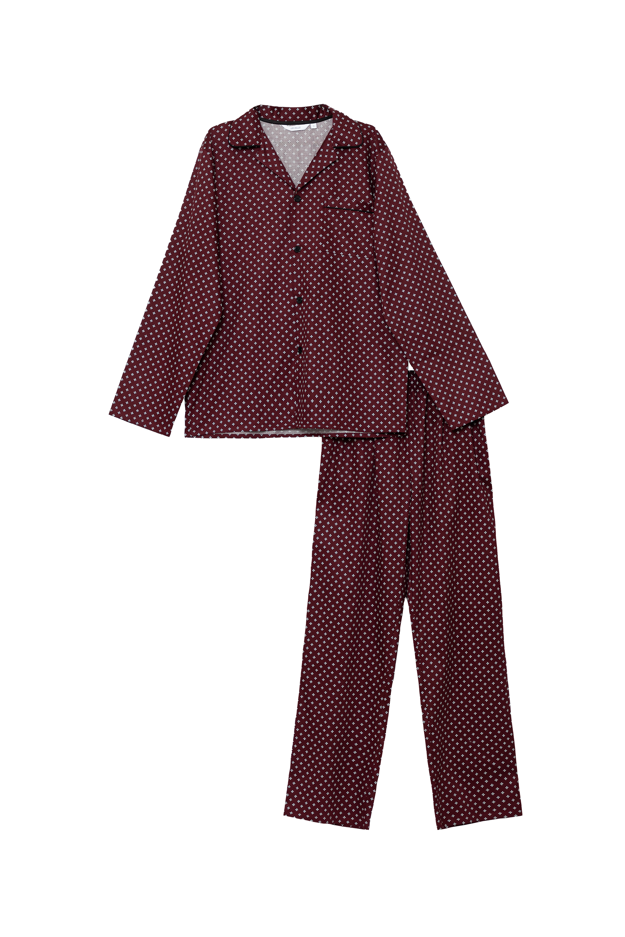 burgundy luxury pajama set featuring shirt-style top and straight-leg pants with subtle geometry pattern.